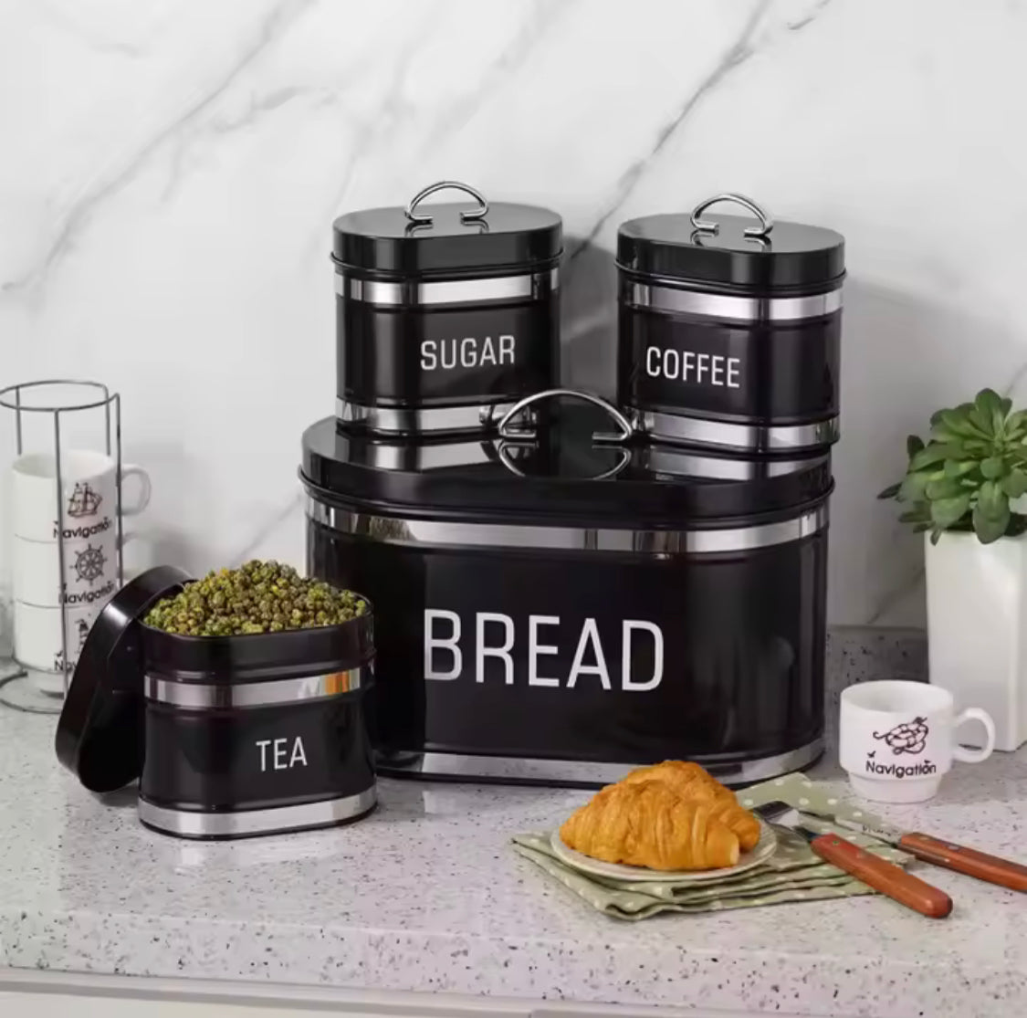 Set Of 4 Bread Bin And Canister Set, Vintage Style Storage Jars, Coffee And Sugar Metal Container, Airtight Storage Box For Bread