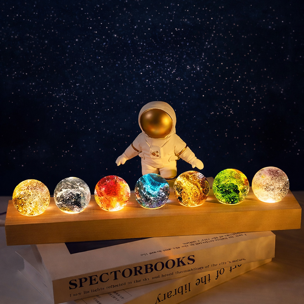 Set Of 7 Luxury Colorful Glass Ball, Crystal Balls With Wooden LED Lamp, Luminous Planet Home Decor Balls