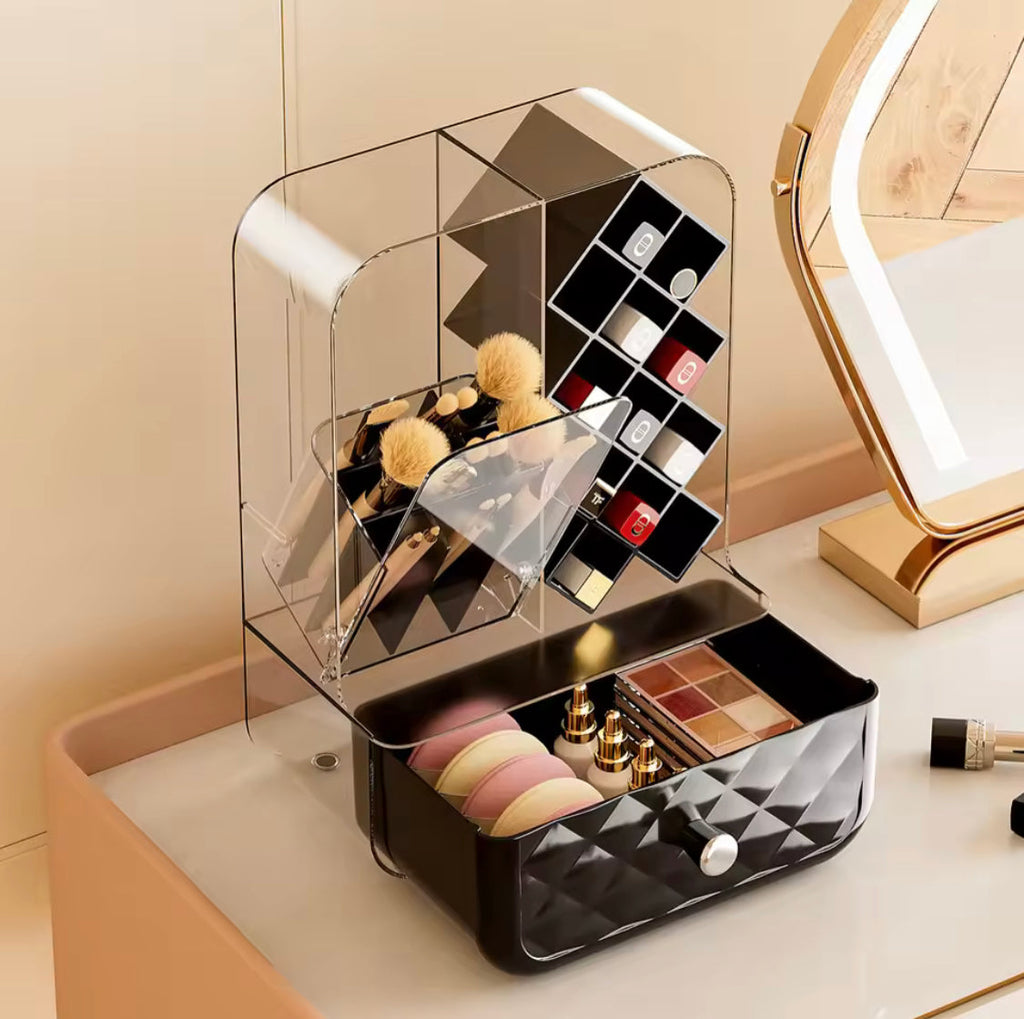 Luxury Cosmetic Organizer With Drawer, Acrylic Desktop Makeup Brushes Organizer, Dust Proof Lipstick Grid Compartment Organizer