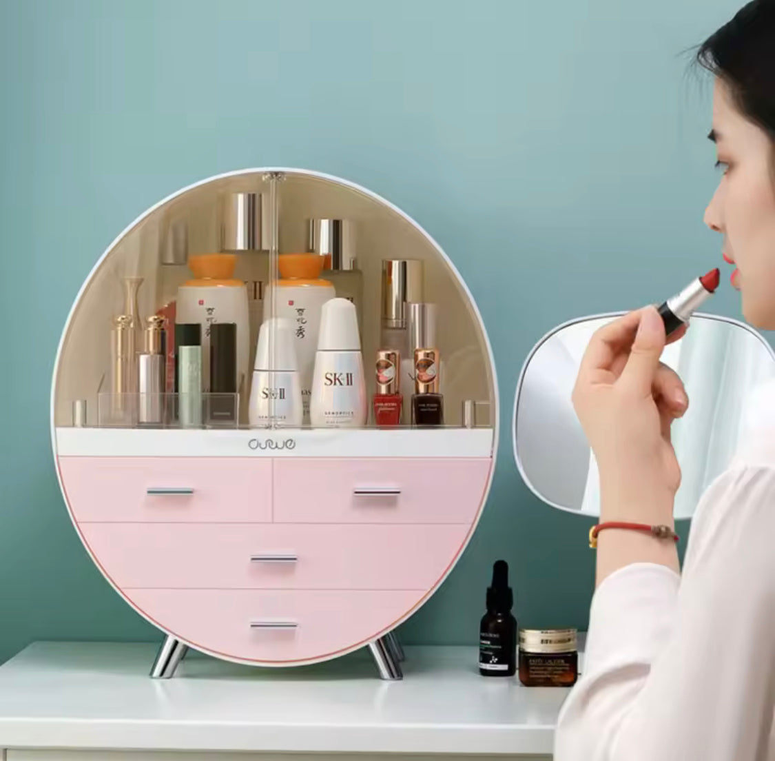 Oval Shape Cosmetic Organizer With Drawer, Makeup Sundries Storage Organizer, Cosmetic Display Case, Dust Proof Storage Rack
