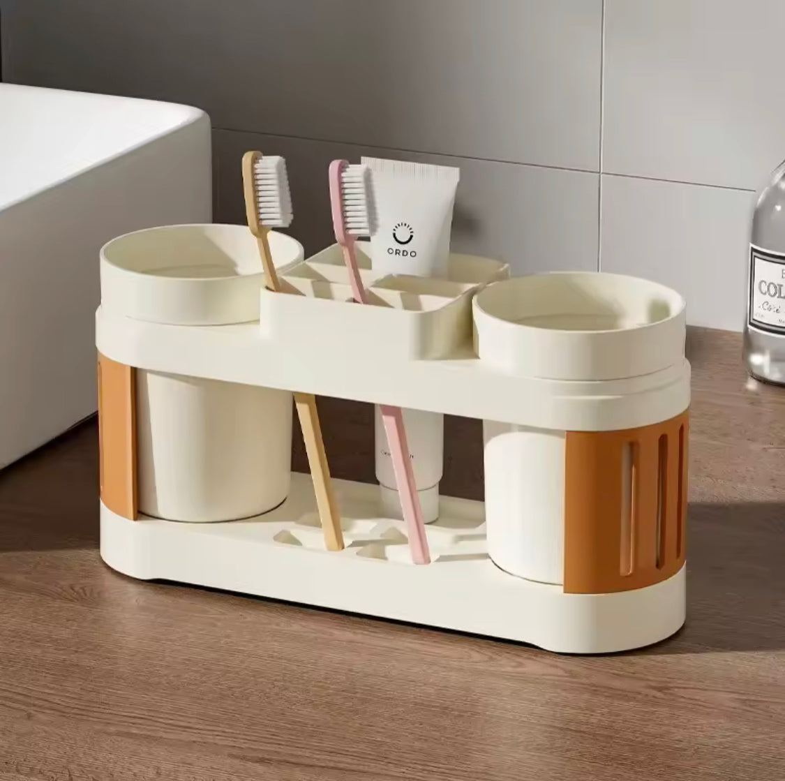 Toothbrush Holder With Mouthwash Cap, All In One Toothbrush Holder, Bathroom Toothbrush Shelf With Wash Cup Holder
