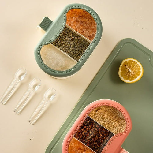 3 Compartment Spice Jar Box, Spice Organizer With Spoon, 3 Compartment Seasoning Organizer