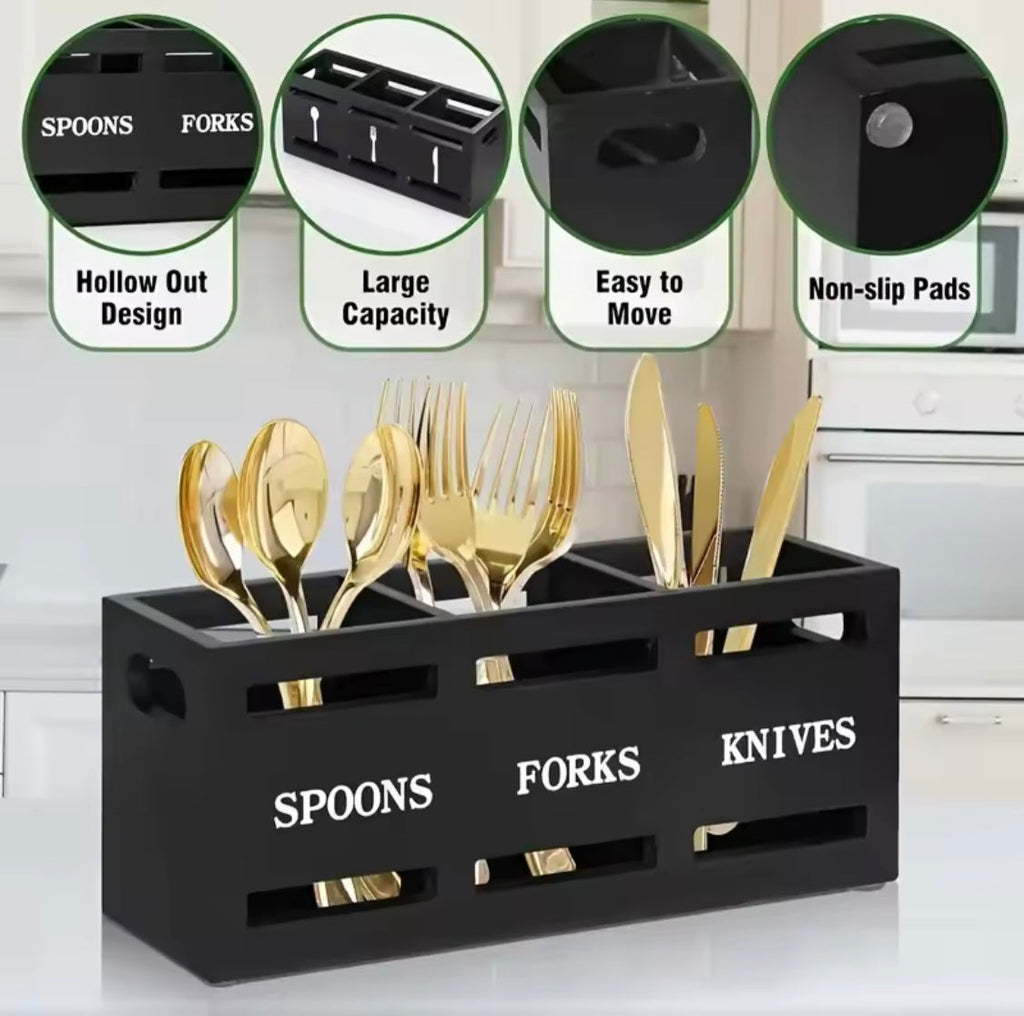 Wooden Multi Compartment Cutlery Holder, Tableware Cutlery Organizer, Caddy Wood Cutlery Holder, Countertop Three Compartment Cutlery Organizer