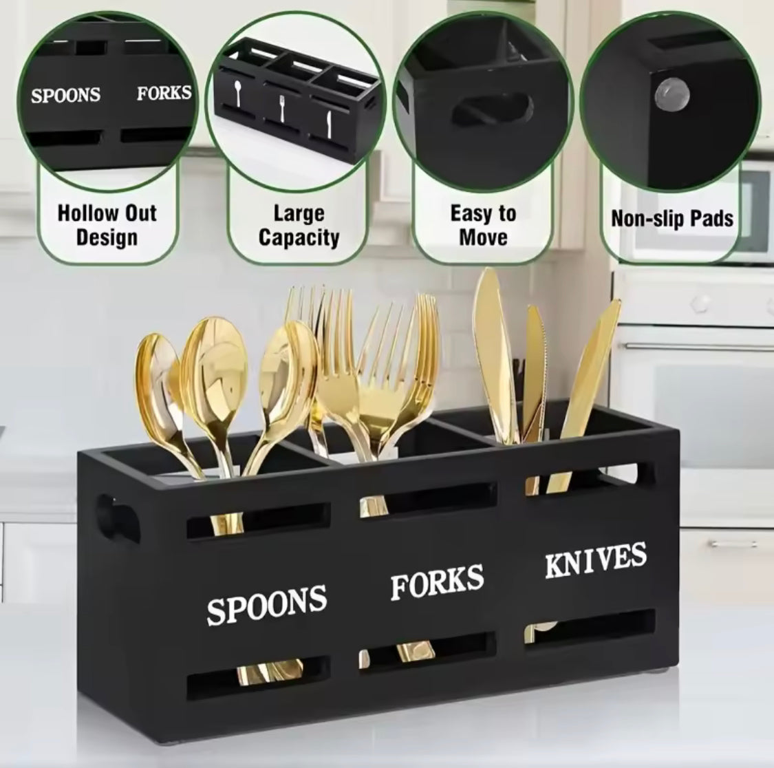 Wooden Multi Compartment Cutlery Holder, Tableware Cutlery Organizer, Caddy Wood Cutlery Holder, Countertop Three Compartment Cutlery Organizer