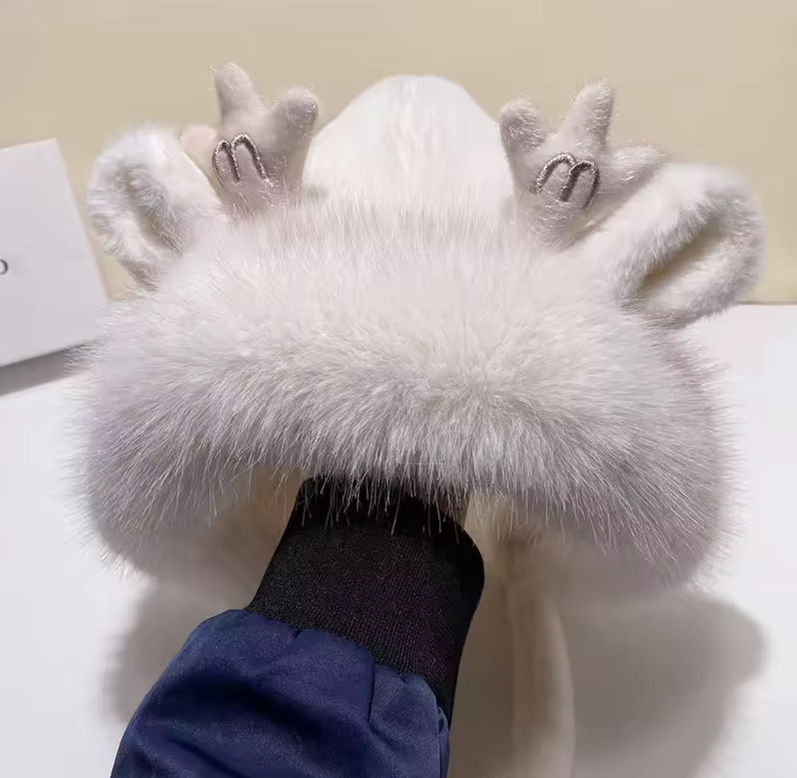 Soft Fluffy Bunny Ears Winter Cap, Cute Bucket Hat For Women, Cute Plush Antler Hat
