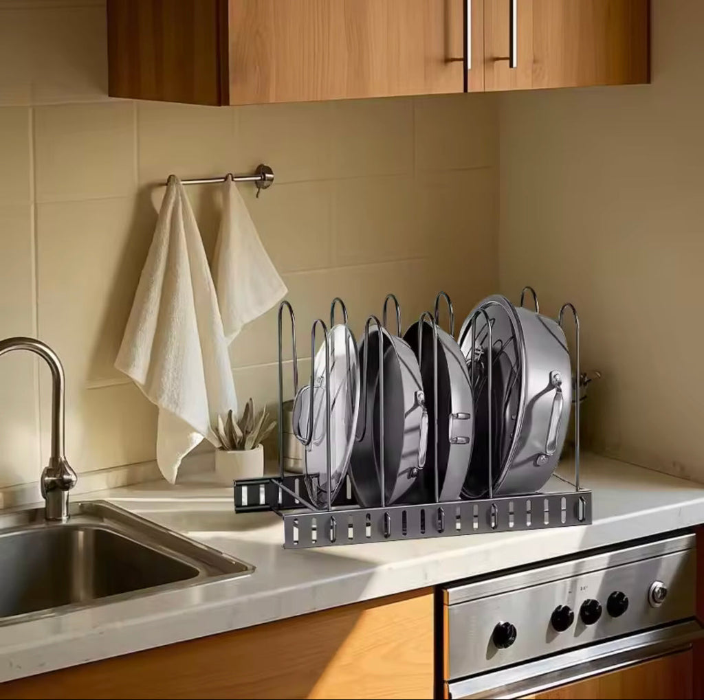 Adjustable Pan Rack Organizer, Heavy Duty Pot Rack, Multilayer Countertop Pan Shelf, Adjustable Cabinet Under Sink Pan Rack