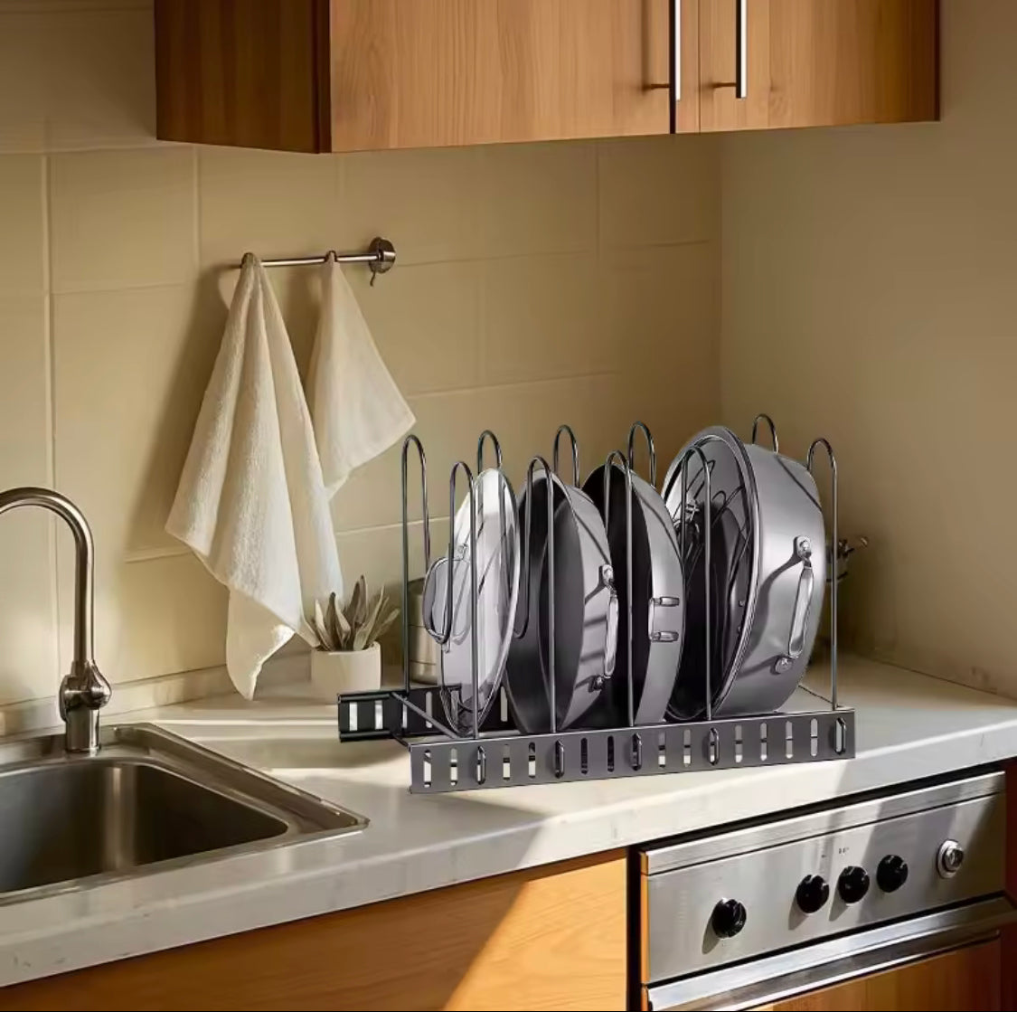 Adjustable Pan Rack Organizer, Heavy Duty Pot Rack, Multilayer Countertop Pan Shelf, Adjustable Cabinet Under Sink Pan Rack
