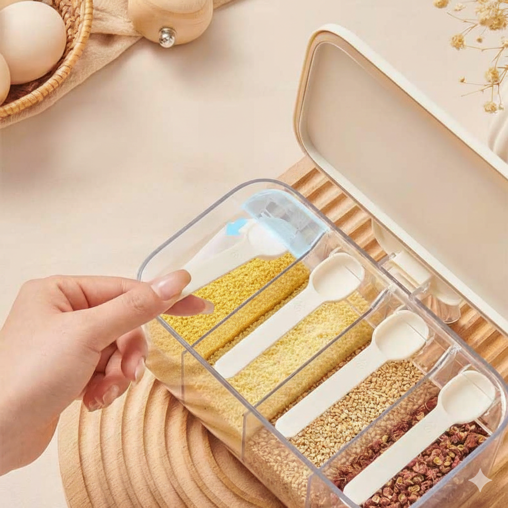 4 In 1 Multi Compartment Seasoning Organizer, Nordic 4 Grid Spice Jar, Multi Grid Salt Seasoning Spice Container, Household Kitchen Condiment Jar