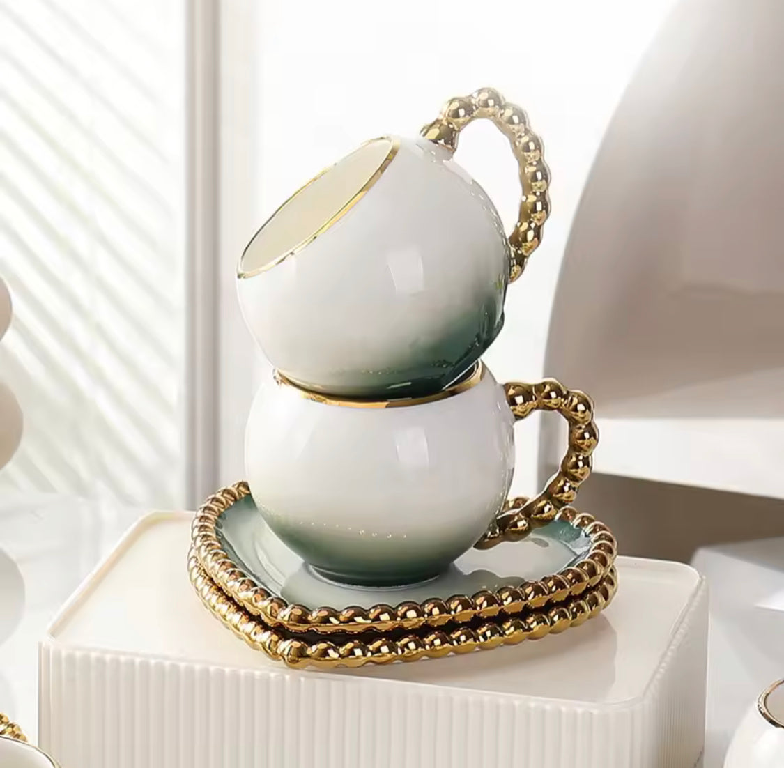 Heart Shaped Porcelain 
Cup And Saucer, Elegant Gold Rim Ceramic Coffee Mug, 250ml Turkish Tea Cup (1pc)