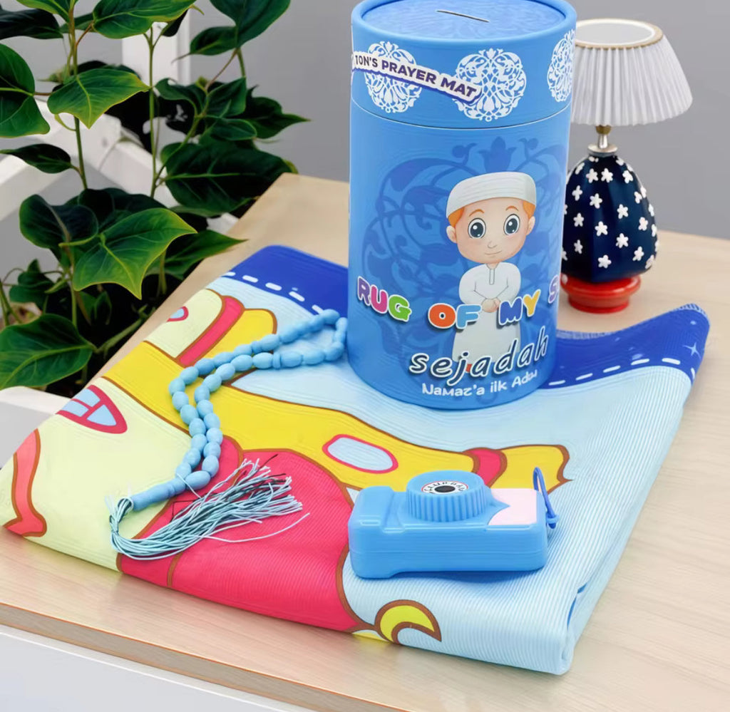 Kids Janamaz Rug With Gift Box, Children Prayers Mat With Tasbeh, Islamic Gifts Set With Prayers Beads With Coin Box, Kids Camera, Travel Prayer Mat