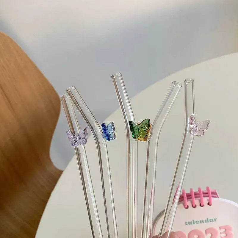 Set of 4 Cocktail Glass Straw, Heat Resistant Butterfly Straw, High Borosilicate Glass Straws Set