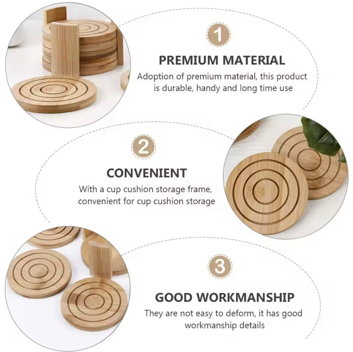 7Pcs Bamboo Coasters, Household Drink Cup Pads Protection, Tea Cup Table Holder