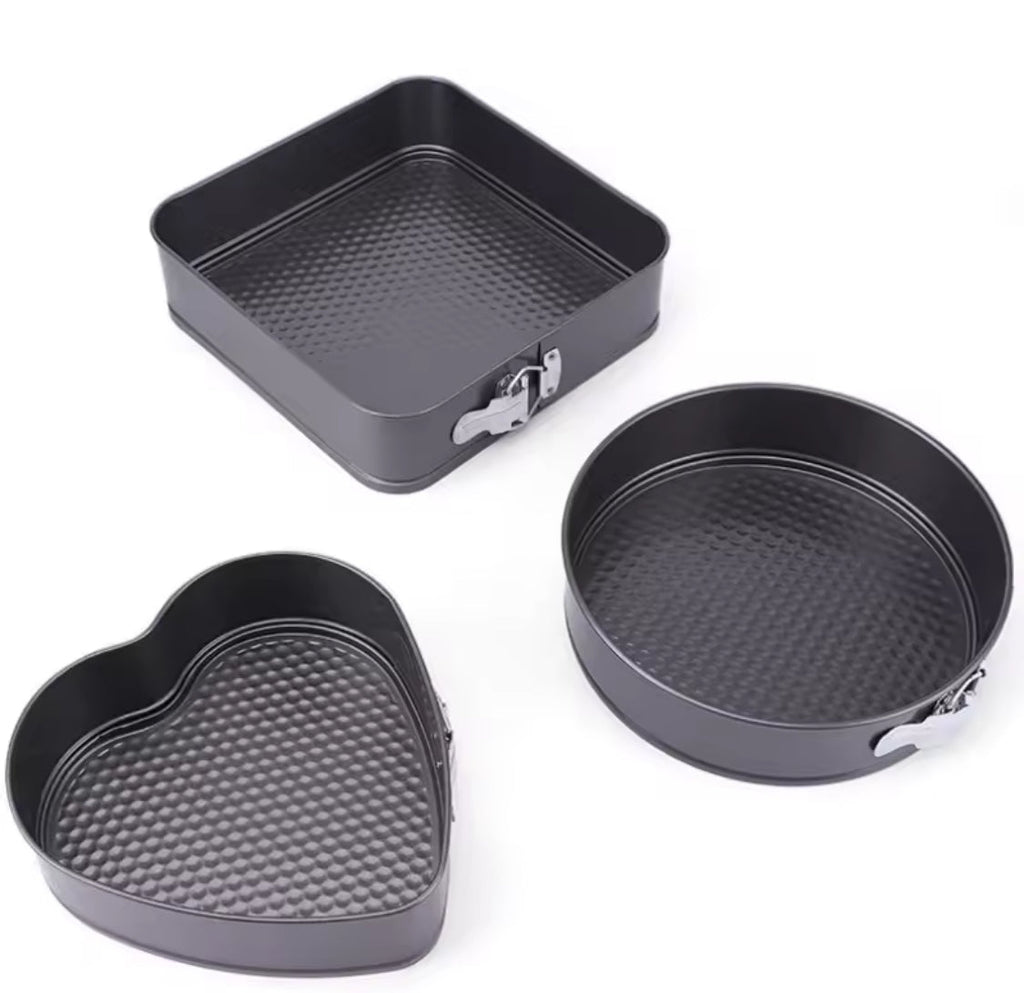 Set Of 3 Carbon Steel Cake Molds, Round Heart Square Cake Pan Set, Non Stick Metal Baking Accessories, Cake Decorations Tools