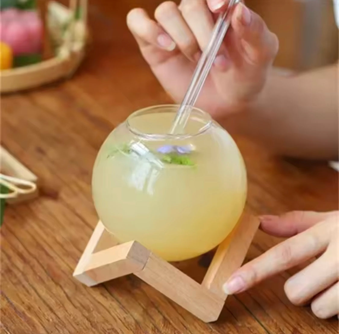 Round Unique Design Ball Shape Glass Cup, Crystal Round Ball Beverage Cup With Wooden Stand, Unique Shape Glass Straw Cup