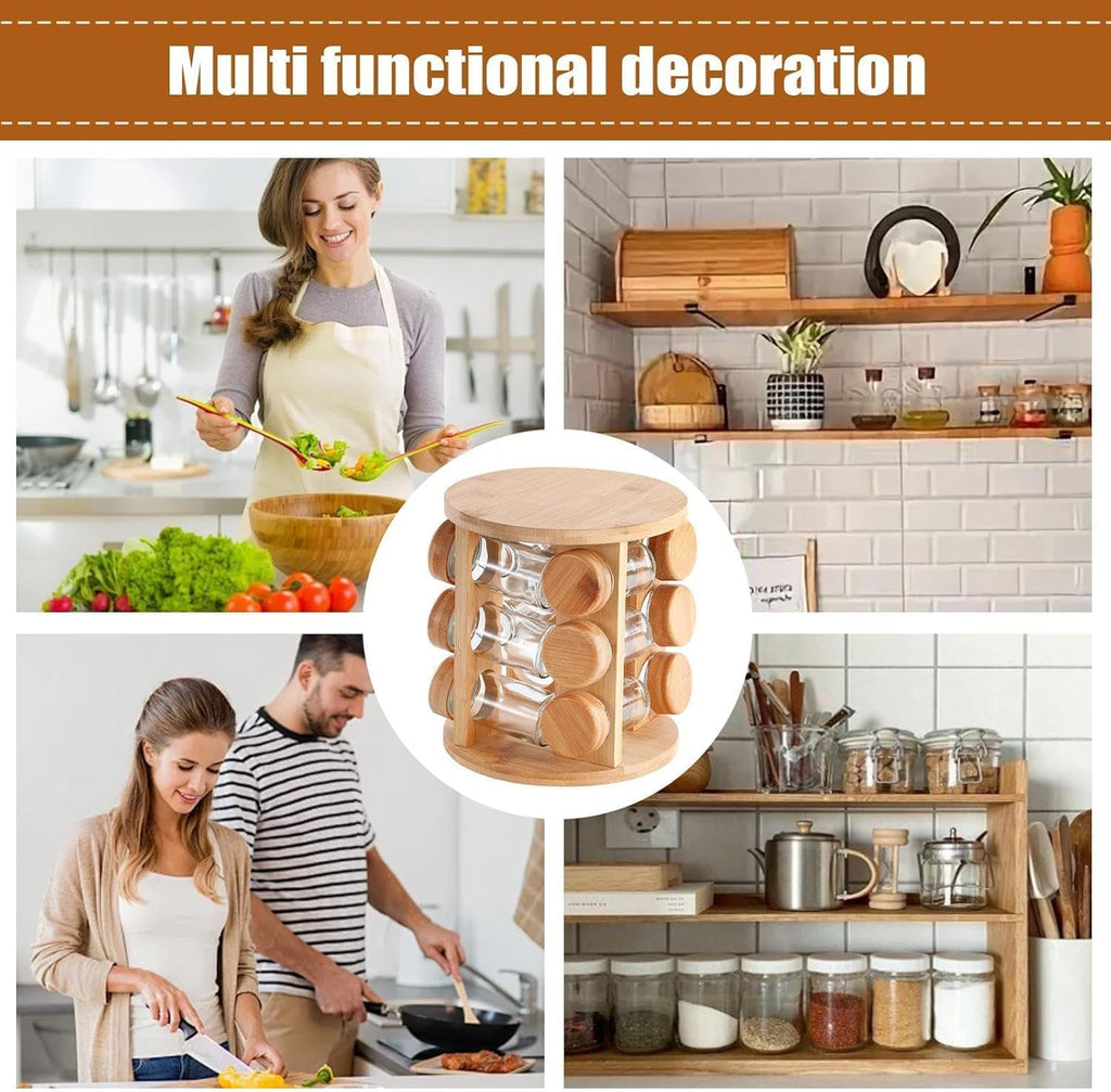 360° Rotating Wooden Spice Jar Organizer, Round Shape Kitchen Masala Rack with Jars Set, Spice Jar Stand, Kitchen Storage Organizer