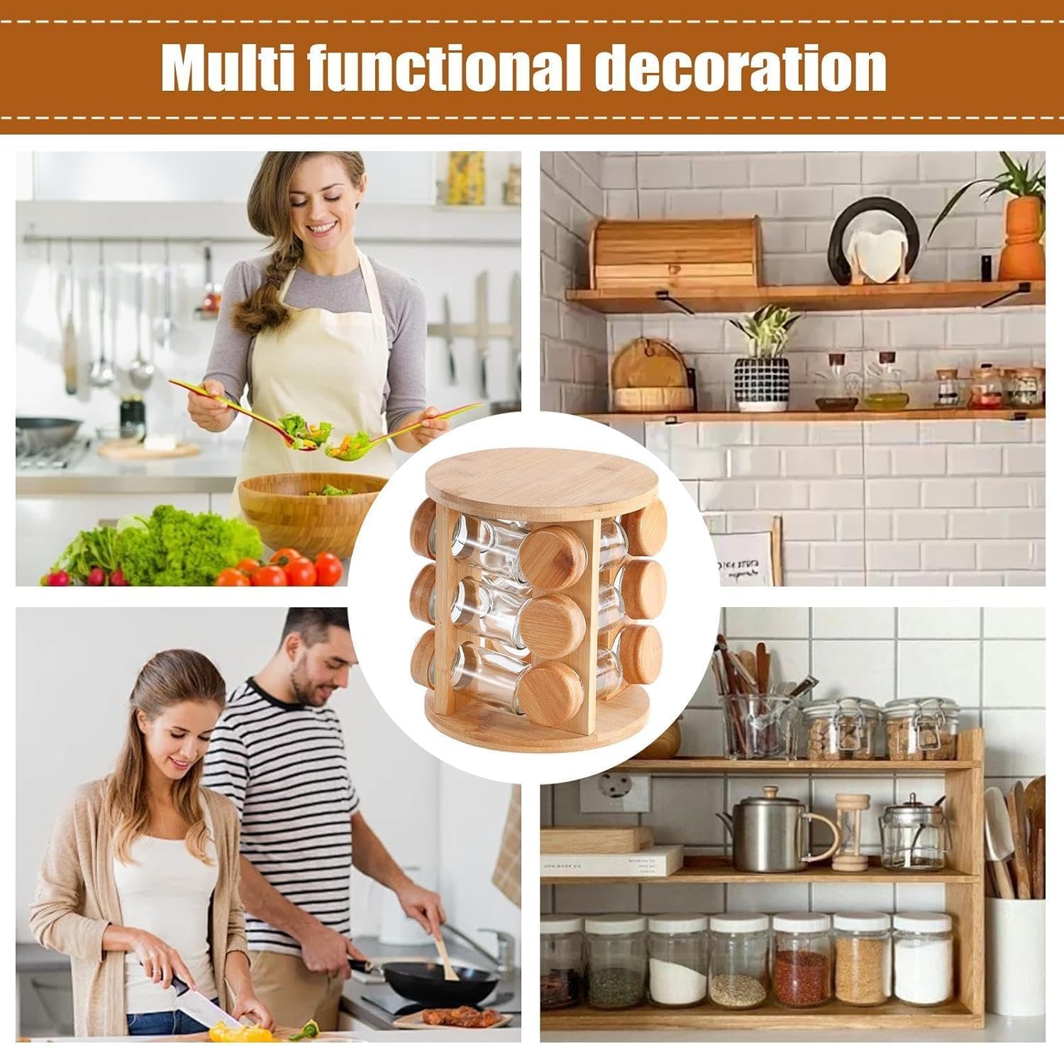 360° Rotating Wooden Spice Jar Organizer, Round Shape Kitchen Masala Rack with Jars Set, Spice Jar Stand, Kitchen Storage Organizer