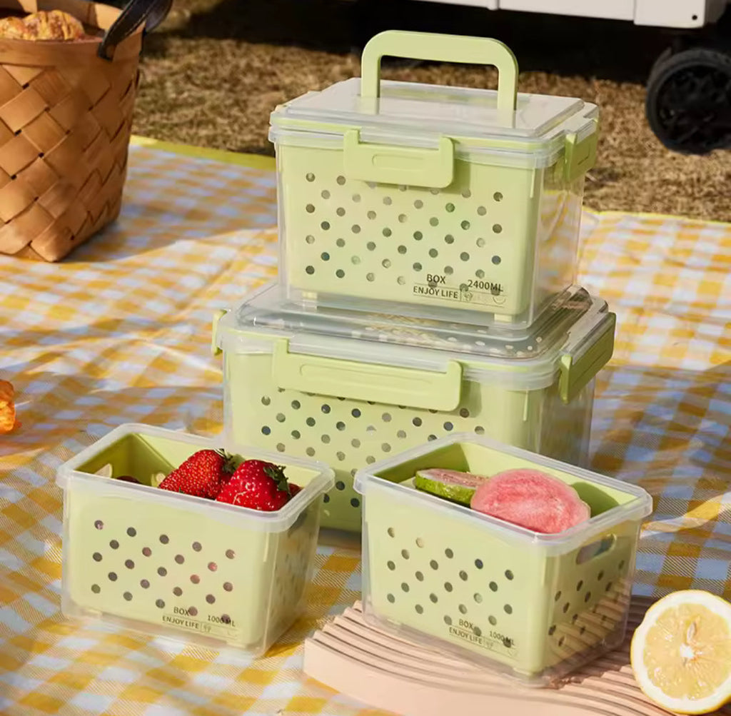 3pcs Refrigerator Organizer Box With Draining Basket, Transparent Refrigerator Food Storage Box, Multi Use Fridge Fruit Vegetable Storage Box