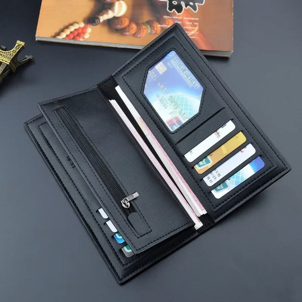 Long Wallet Purse – Contrast Band Design with Card Slots & Zipper Pocket Black