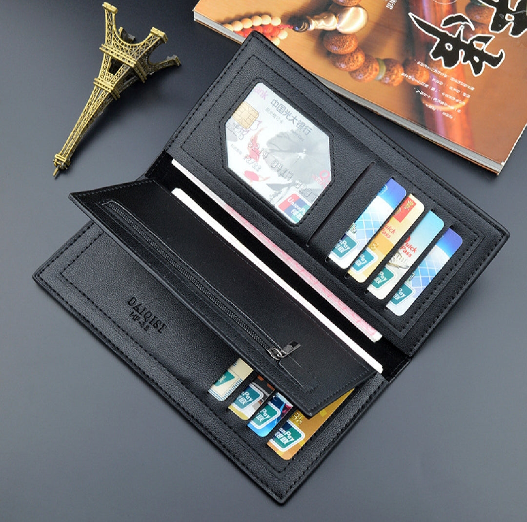 Long Wallet Purse – Contrast Band Design with Card Slots & Zipper Pocket Black