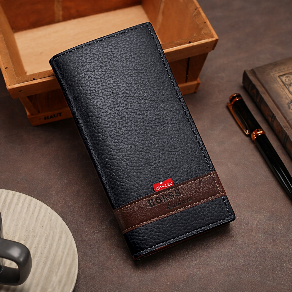 Long Wallet Purse – Contrast Band Design with Card Slots & Zipper Pocket Black
