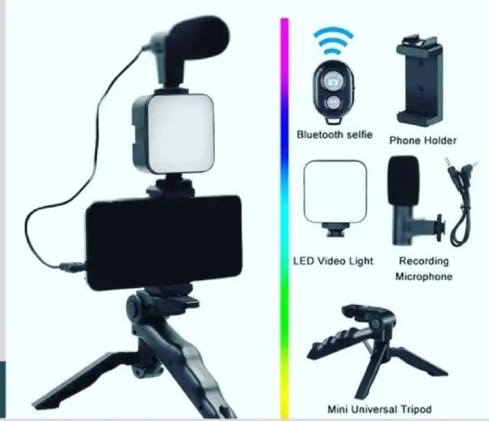 Portable Video Recording Setup with LED Light, Shotgun Mic & Flexible Tripod without Remote