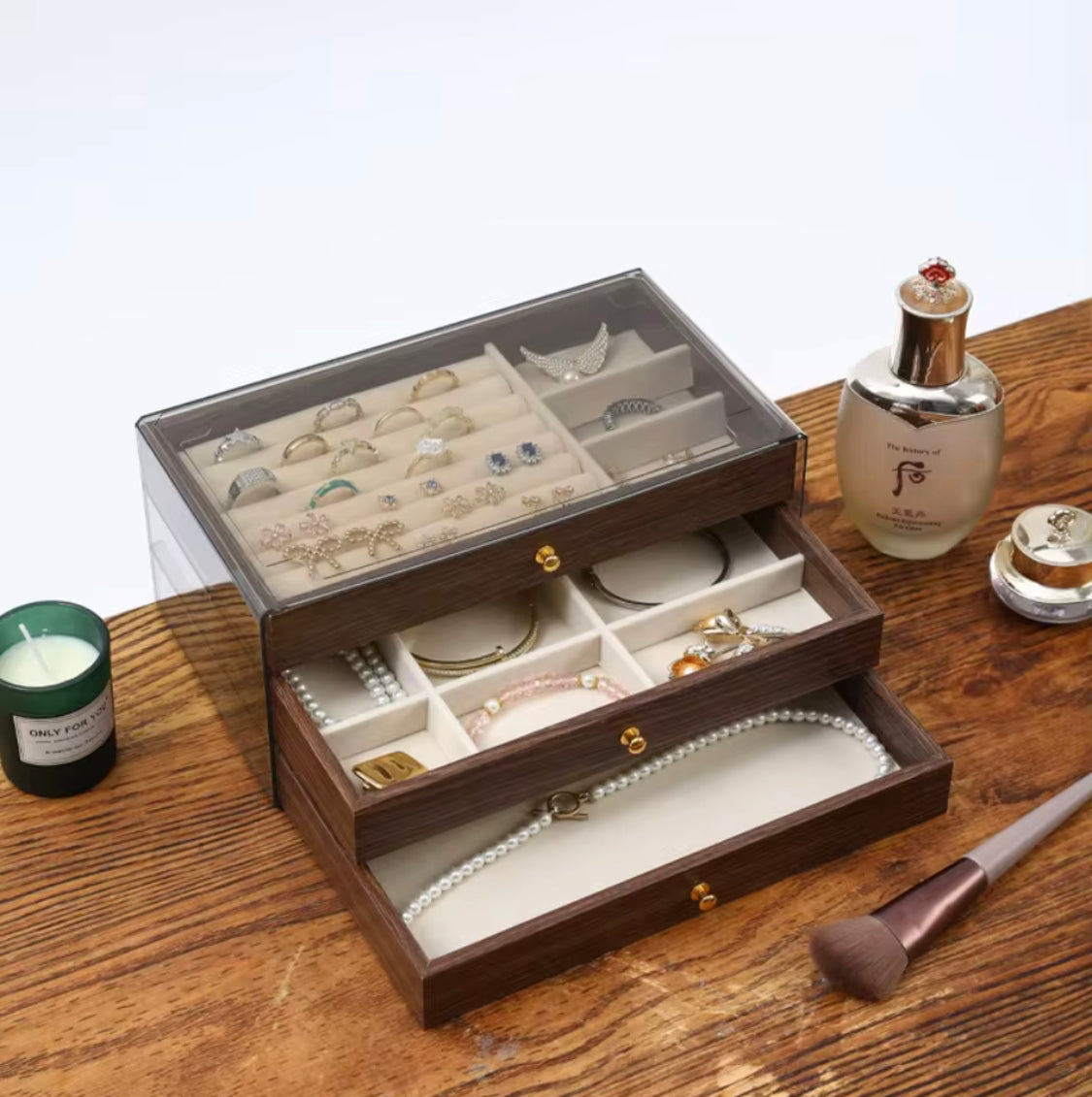 3 Layer Wooden Jewelry Organizer, Multi Layer Large Capacity Jewelry Box, Vintage Style Jewelry Storage Box