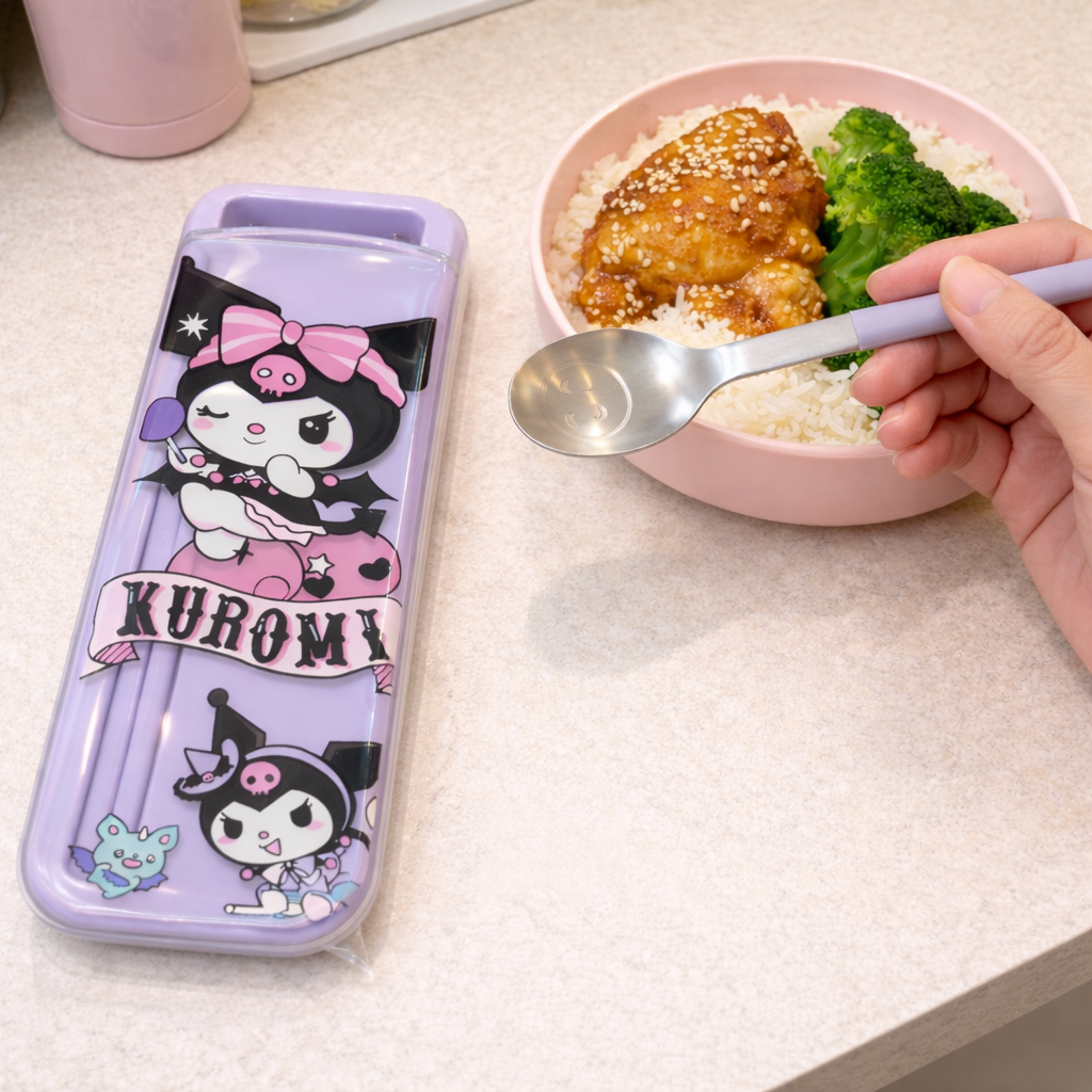 Kuromi Portable Cutlery Set, Travel Spoon & Chopsticks Case, Cute Cartoon Design Cutlery Set