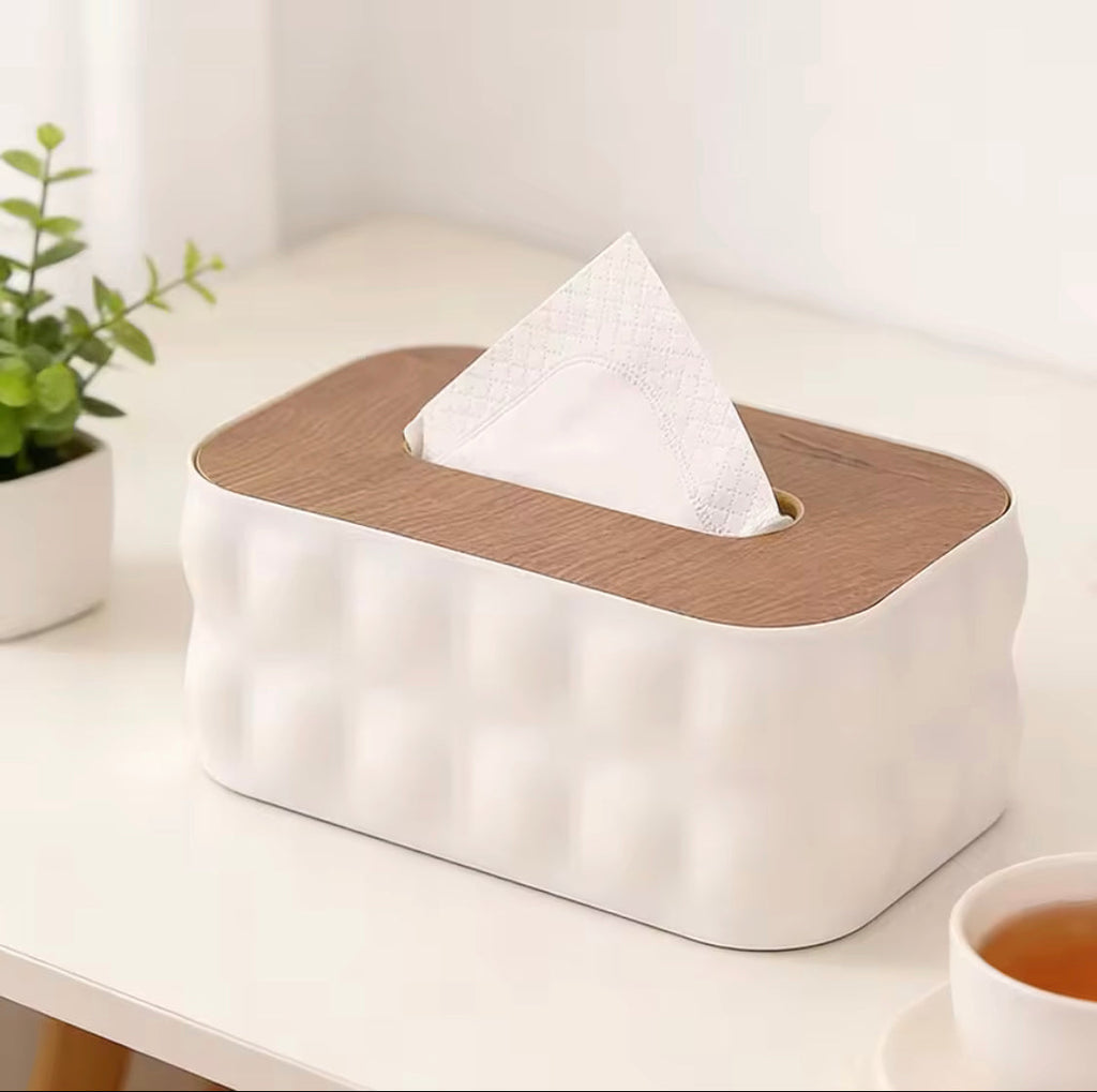 Premium Decorative Tissue Holder, Solid Square Shape Tissue Box, Napkin Holder With Wooden Lid, Office Desk Tissue Organizer