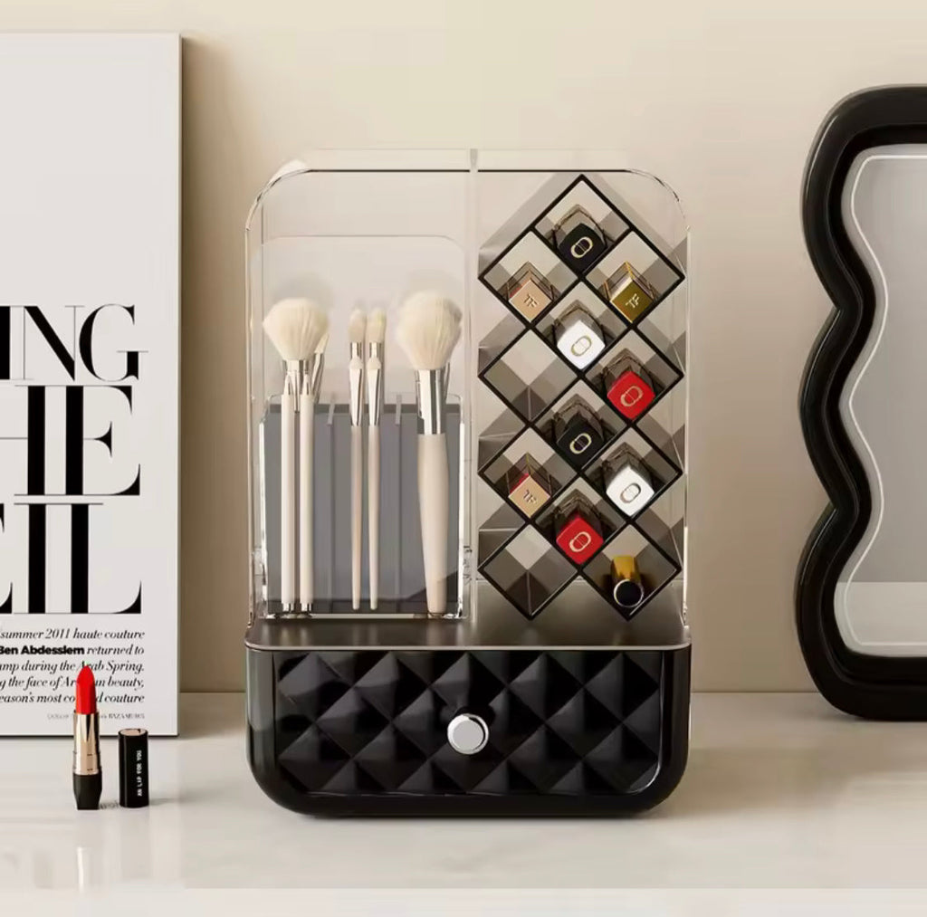 Luxury Cosmetic Organizer With Drawer, Acrylic Desktop Makeup Brushes Organizer, Dust Proof Lipstick Grid Compartment Organizer