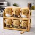 6 Pcs Glass Jar Set with Bamboo Rack, Seasoning Bottle Spice Jars, Coffee Tea Sugar Pot, Multifunctional Leak Proof Transparent Wide Caliber Canister, Multifunction, Kitchen Cereal Dispenser