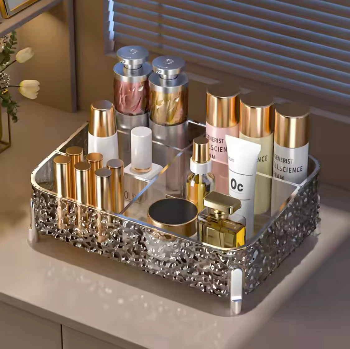 Elegant Crystal Vanity Tray, Acrylic Cosmetic Organizer, Crystal Counter Makeup Tray, Dressing Table Makeup Organizer