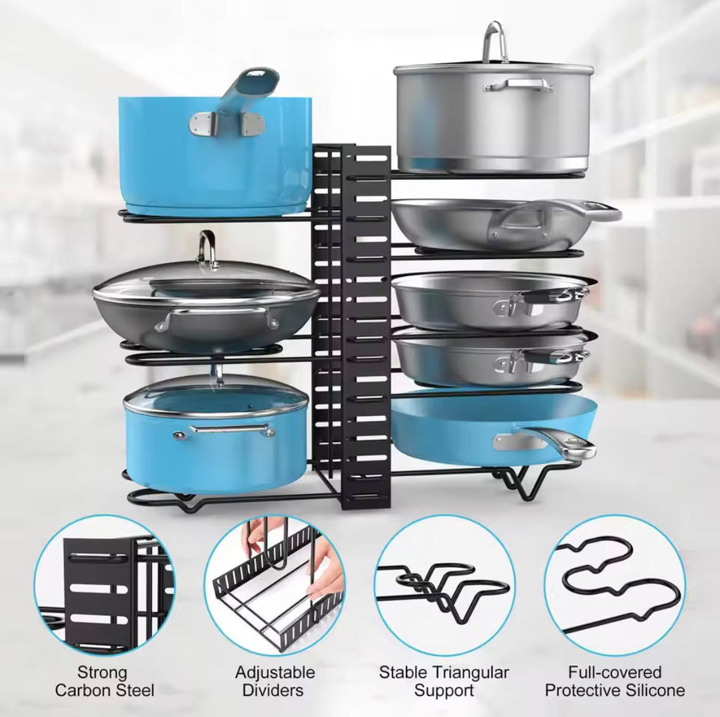 Adjustable Pan Rack Organizer, Heavy Duty Pot Rack, Multilayer Countertop Pan Shelf, Adjustable Cabinet Under Sink Pan Rack