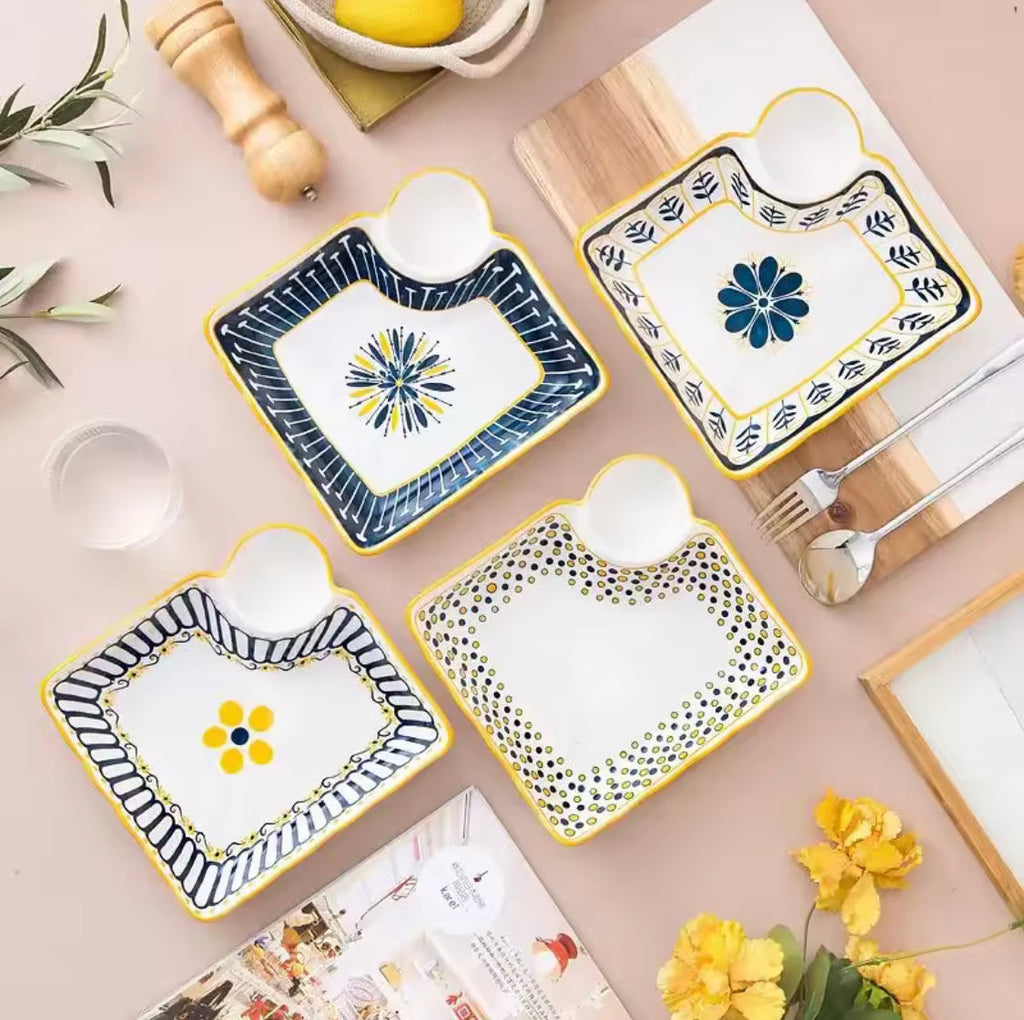 Ceramic Plate With Sauce Compartment, Dumpling Plate With Vinegar Dish, Japanese Style Serving Dish