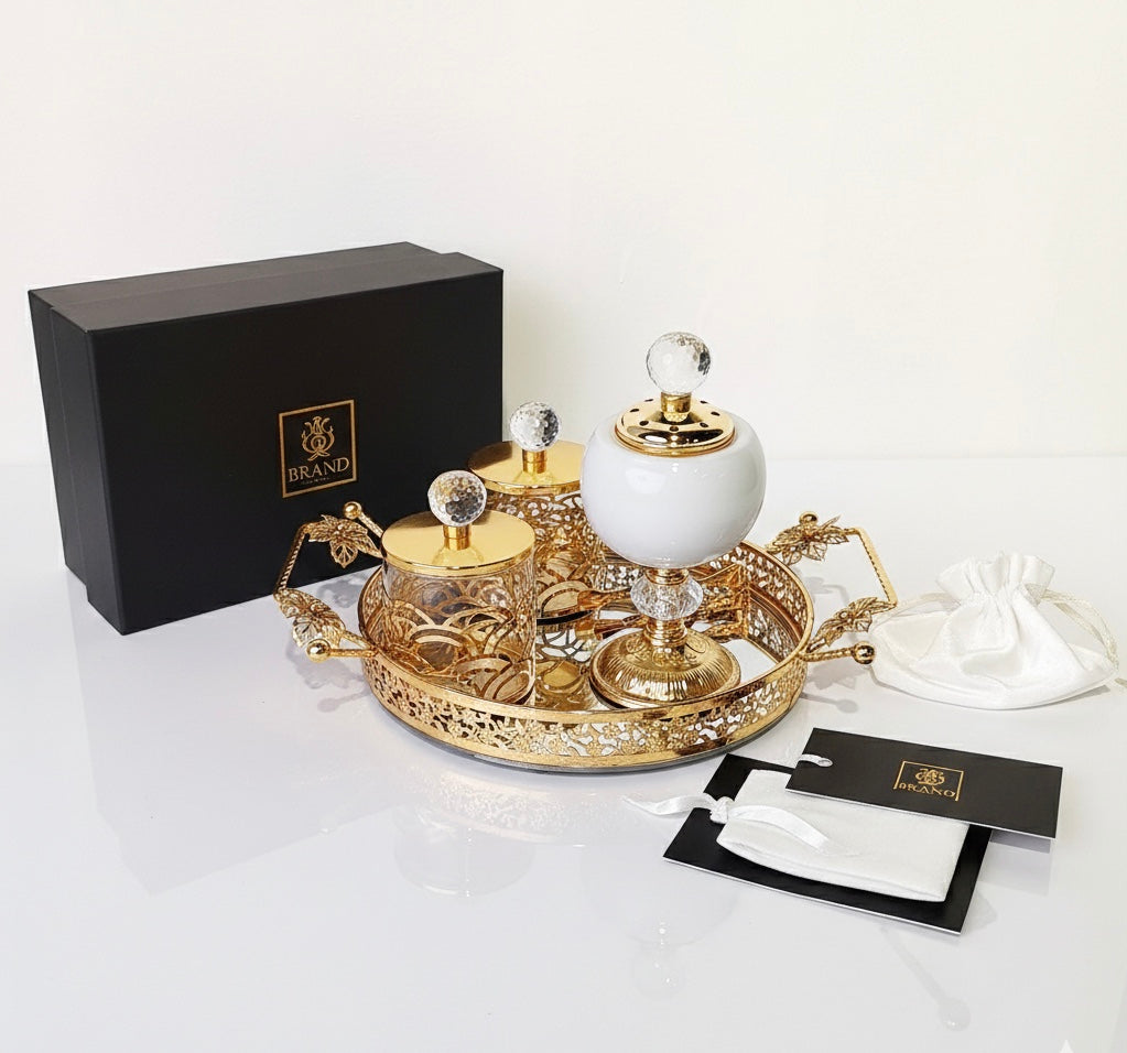 Arabic Metal Incense Burner Set, Decorative Tray with Ornate Incense Holders, Aromatherapy and Home Decor