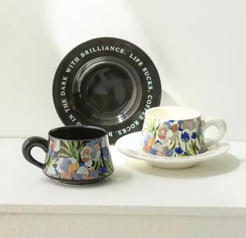 Vintage Painting Style Ceramic Mug With Saucer, Ceramic Cup With Steel Spoon, 1Pc Coffee Glass