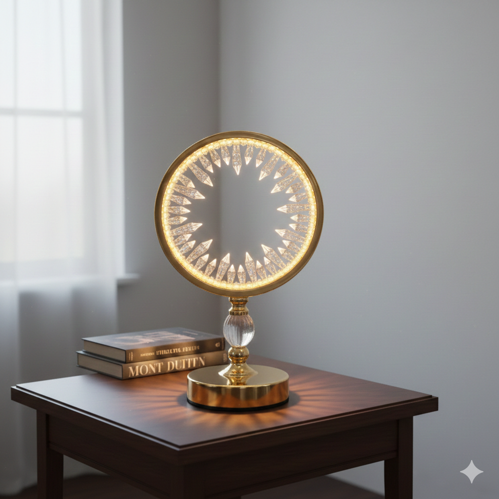 Luxury Crystal Halo LED Table Lamp, Golden Base Modern Decorative Light, Modern Crystal Desk Lamp
