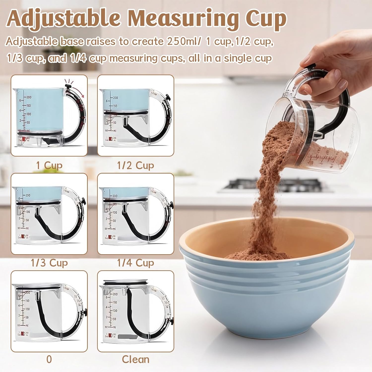 4 in 1 Adjustable Measuring Cup, Multifunctional Kitchen Measuring Cup, Space Saving Measuring Cup