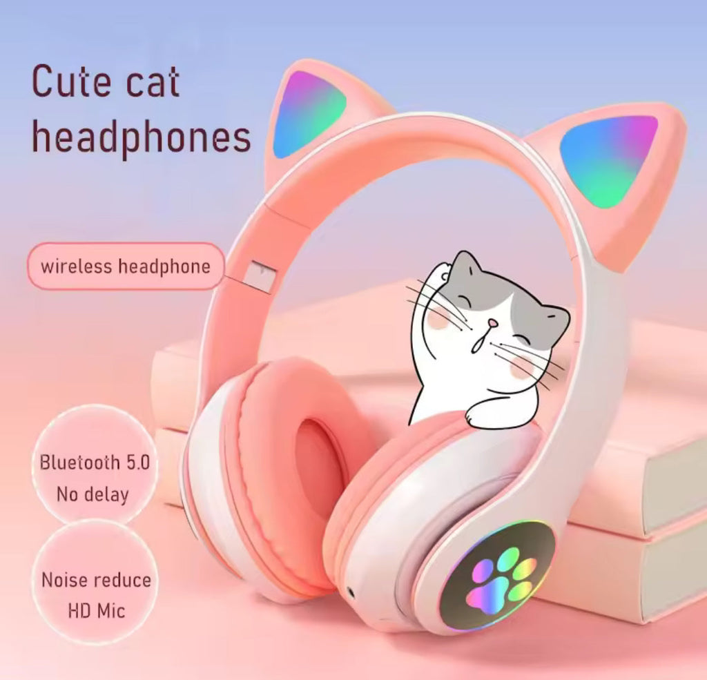 LED Cute Cat Ears Headphones, RGB Wireless Headphones, Sports Gaming Headset