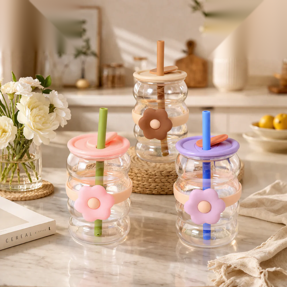 Flower Design Double Wall Glass Tumbler, Flower Pattern Borosilicate Drinkware, Coffee Mug With Lid