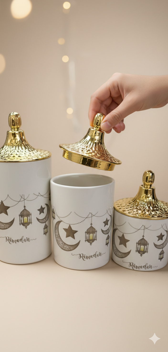 Luxury 3pcs Ramadan Special Dates Jar, Caddy Storage Bottle, Food Organizer Storages Box, Tea Party Serving Jar, Cookie Jar