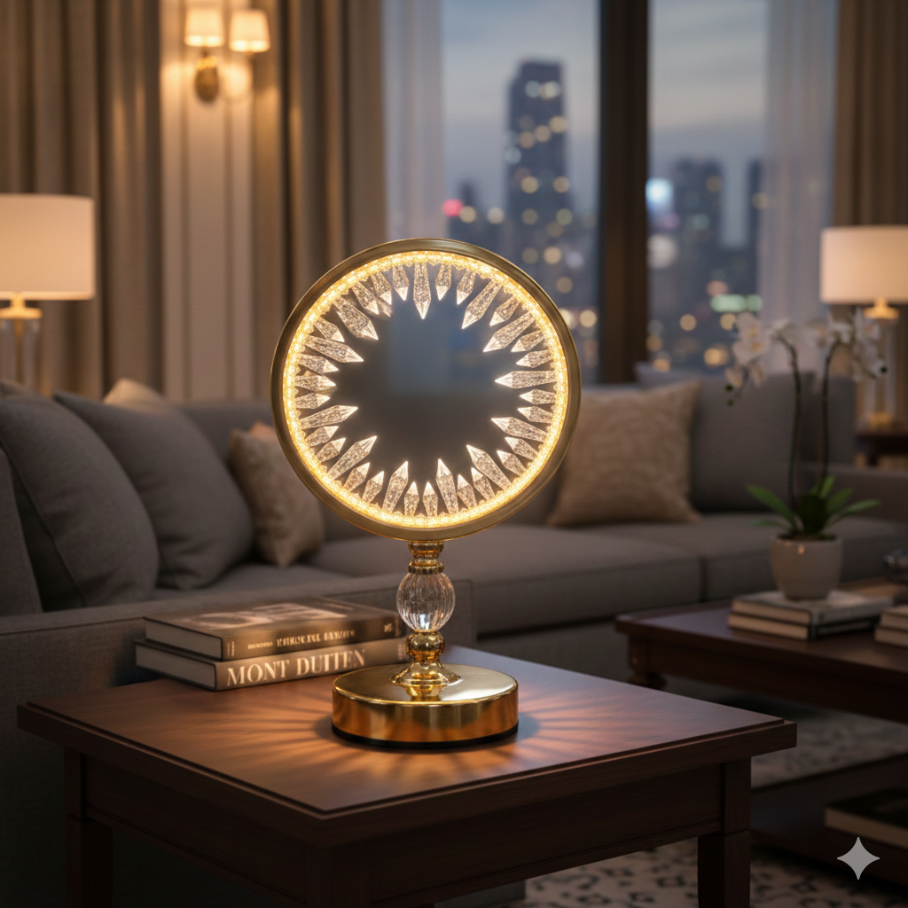 Luxury Crystal Halo LED Table Lamp, Golden Base Modern Decorative Light, Modern Crystal Desk Lamp
