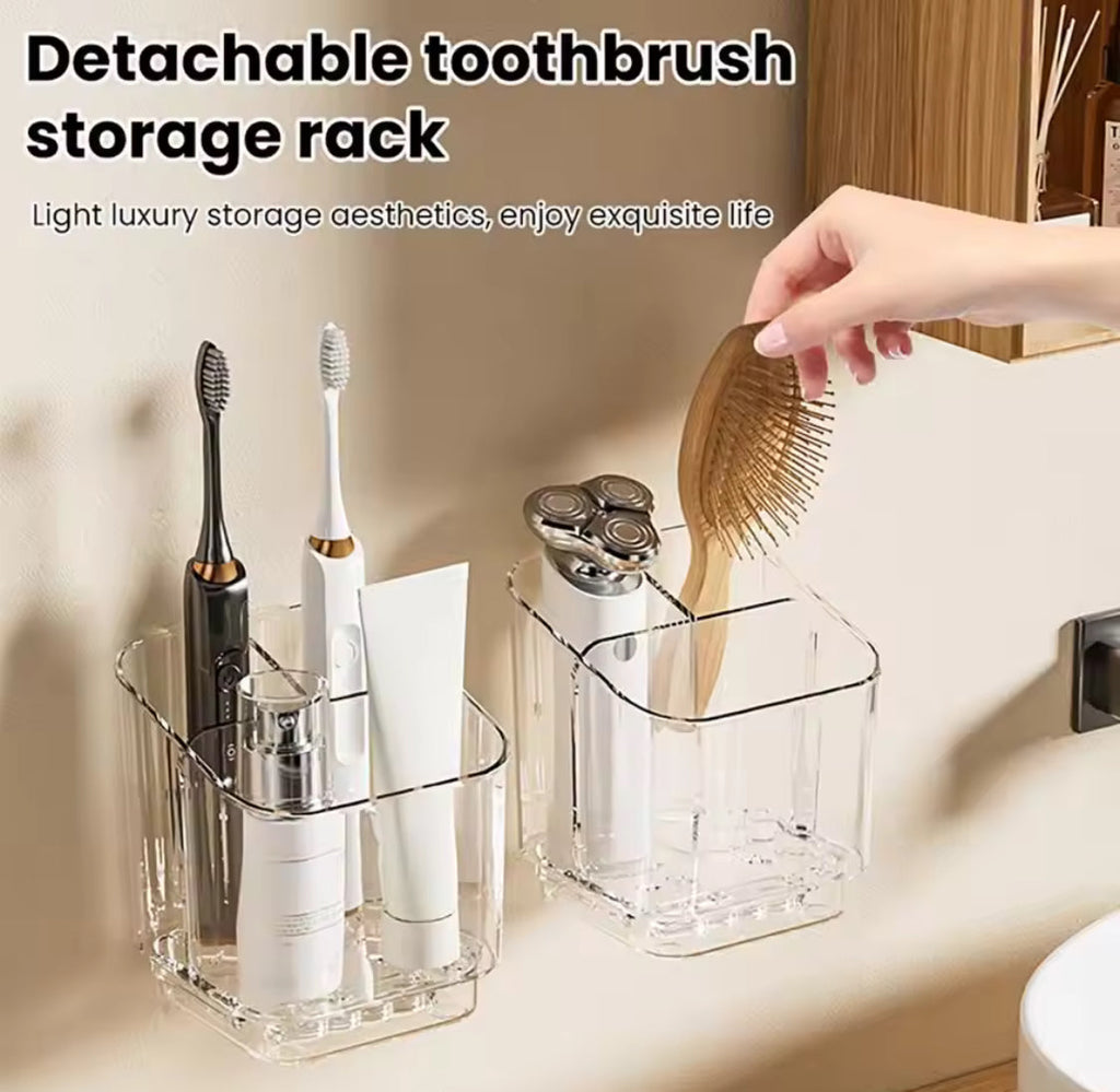 3 Slots Toothbrush Holder With Drain Tray, Removable Divider Wall Mounted Bathroom Organizer, Multifunctional Bathroom Storage Holder, Space Saving Bathroom Accessories