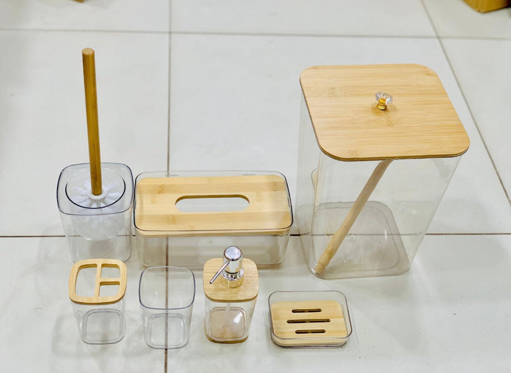 7 Pieces Bamboo Bathroom Accessories set, Luxury Modern Bathroom Accessory Bath Set, Toilet Accessories, Trash Can, Toothbrush Holder Cup, Soap Dish Holder, Soap Dispenser