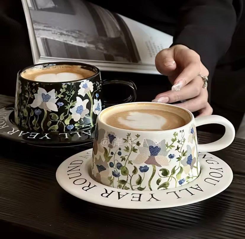 Vintage Painting Style Ceramic Mug With Saucer, Ceramic Cup With Steel Spoon, 1Pc Coffee Glass