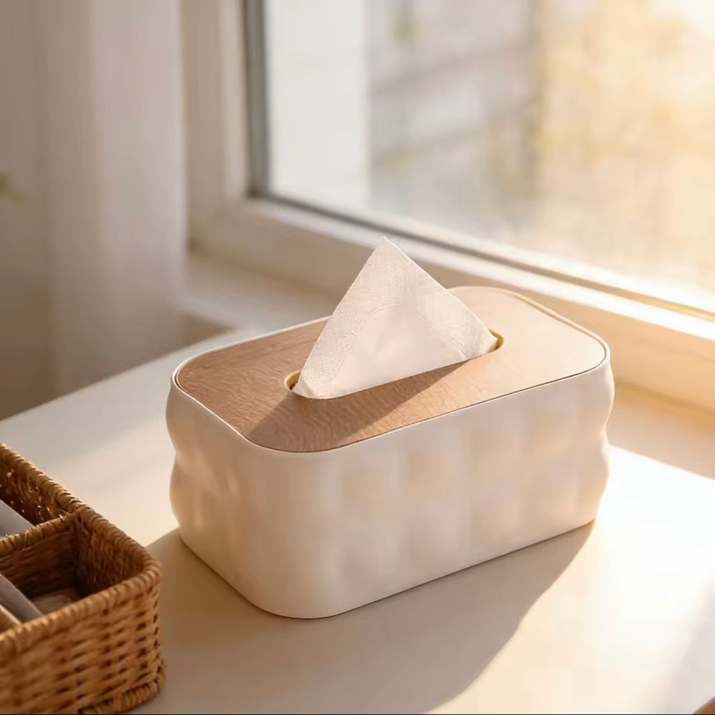 Premium Decorative Tissue Holder, Solid Square Shape Tissue Box, Napkin Holder With Wooden Lid, Office Desk Tissue Organizer