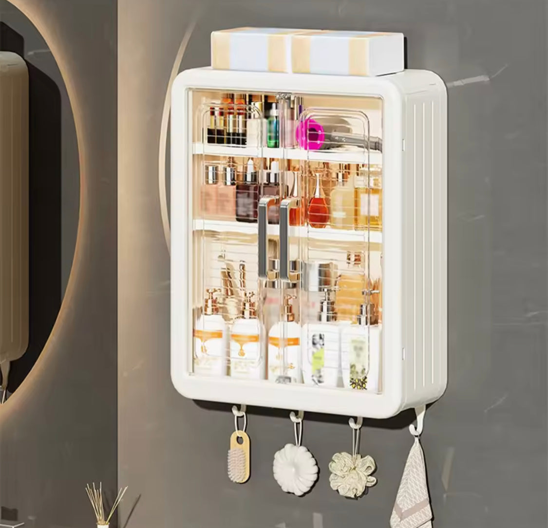 Multilayer Bathroom Storage Cabinet With Hooks, Kitchen Seasoning Storage Shelf, Multipurpose Cabinet with Doors and Shelves, Wall Mounted Cabinet, Home And Living Organizer