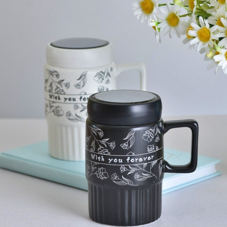 Floral Design Ceramic Coffee Mug With Lid, Creative Mug With Lid, Camping Ceramic Coffee Mugs (1 Pc)