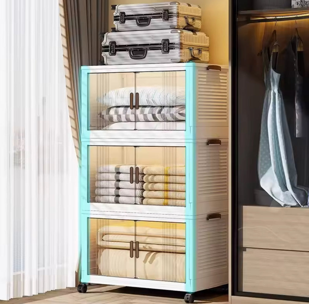 Multi Layer Foldable Storage Cabinet, Bedroom Closet Organizer With Doors, Portable Wardrobe Cabinet, Clothes Storage Organizer, No Installation Storage Cabinet, Plastic Folding Storage Cabinet