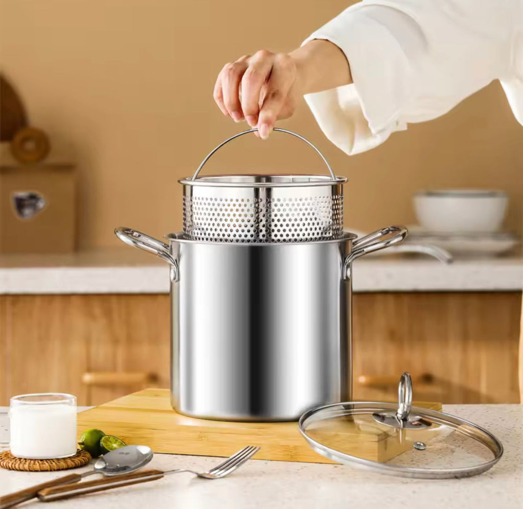 3.5L Deep Fryer Pot With Glass Lid, Stainless Steel Frying Pot With Mesh Steamer Basket, Kitchen Tools