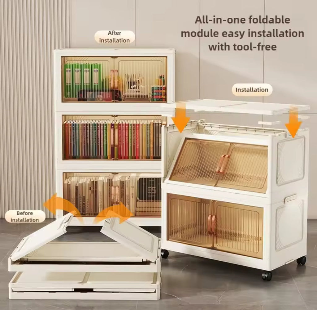 Multi Layer Foldable Storage Cabinet, Bedroom Closet Organizer With Doors, Portable Wardrobe Cabinet, Clothes Storage Organizer, No Installation Storage Cabinet, Plastic Folding Storage Cabinet